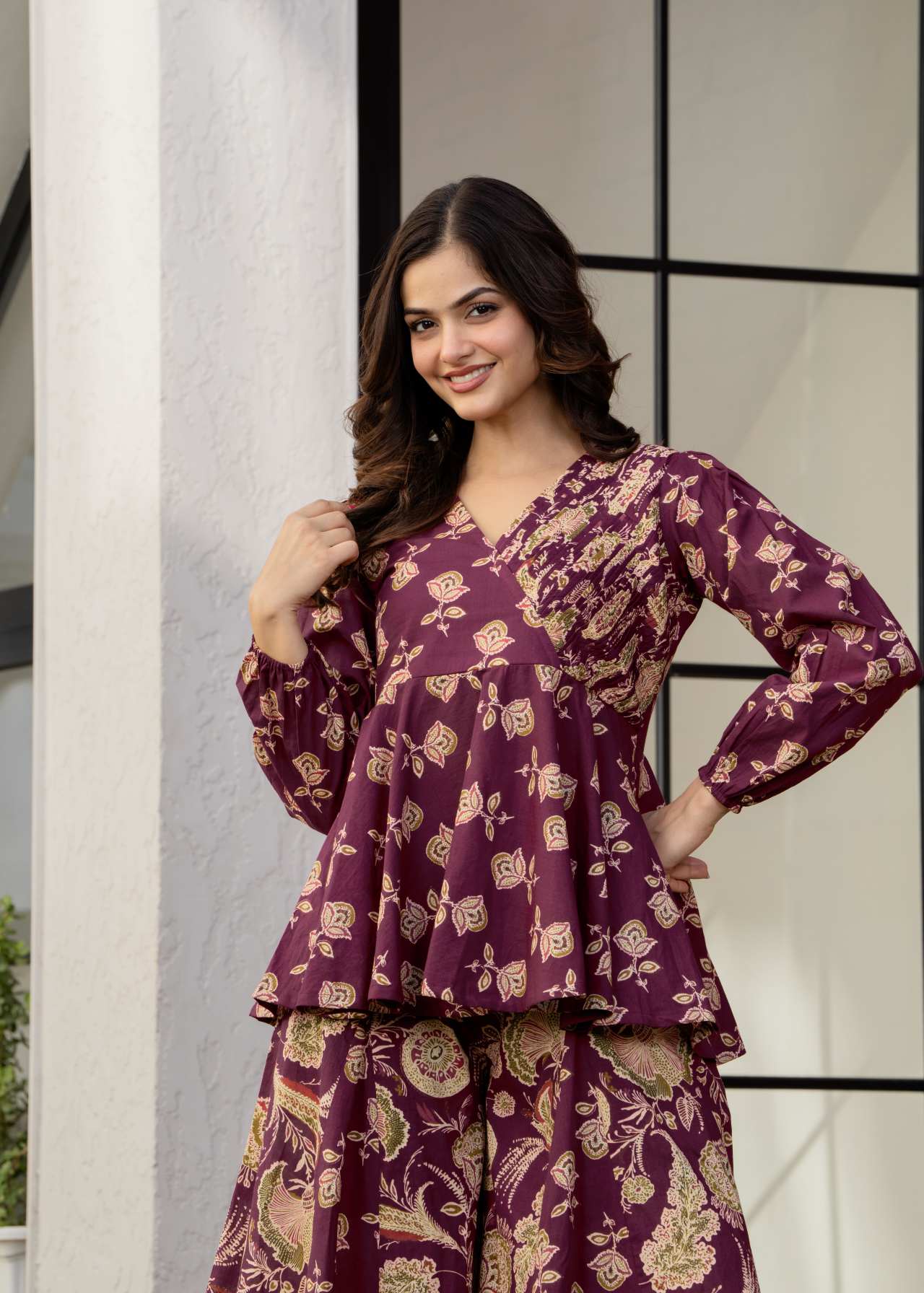 Buy Designer Wine Floral Printed Premium Cotton Co-ord Set for Women Online