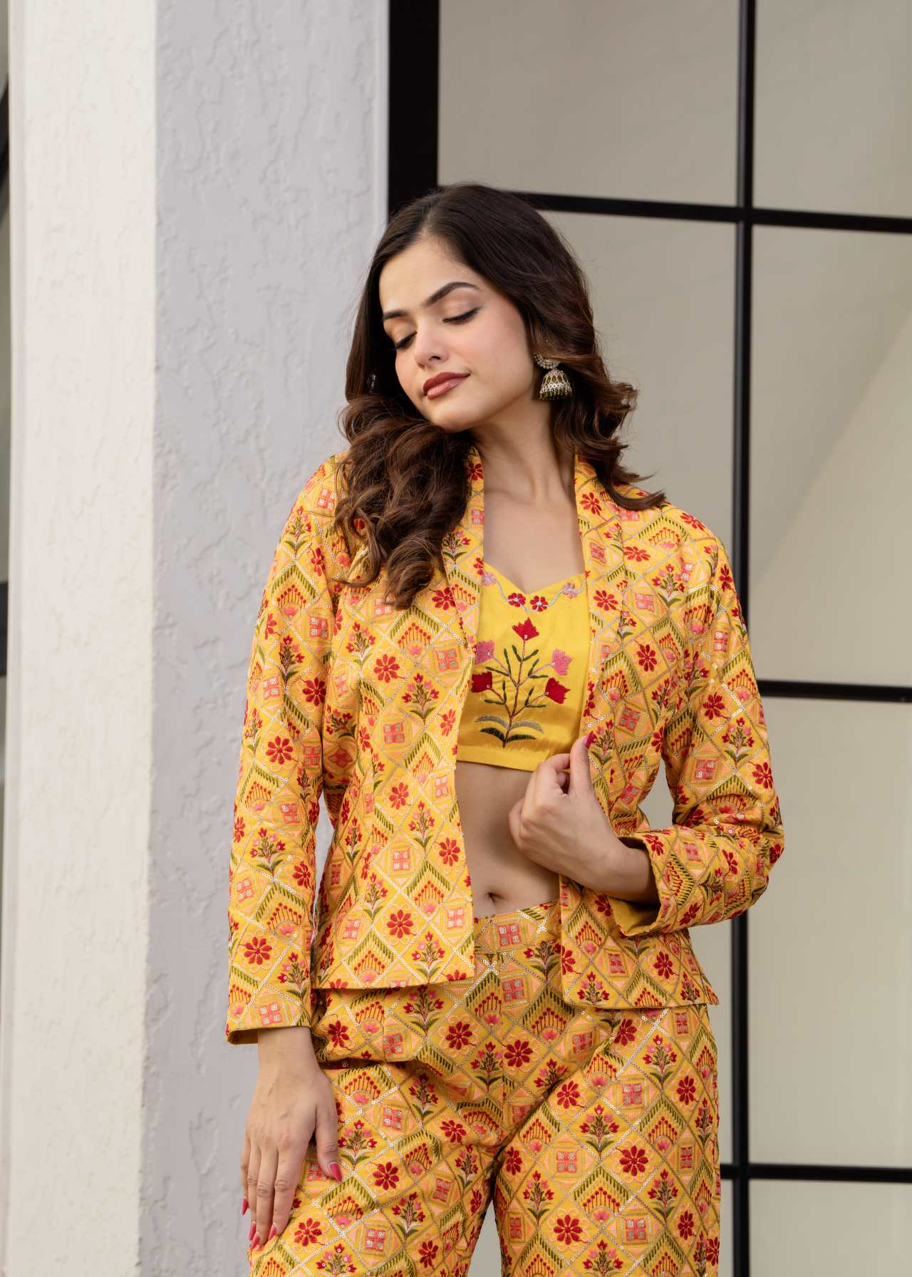 "Designer Western Wear Yellow 3 Piece Crop Top Coat Pant Set for Women"