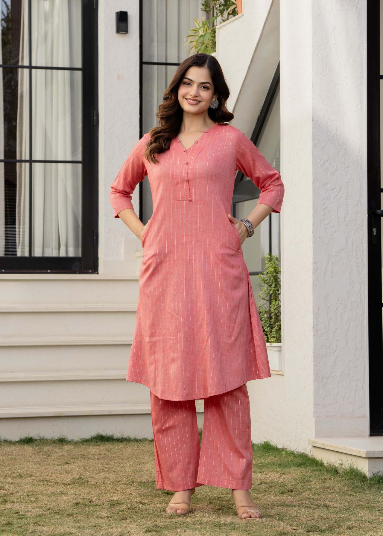 Pink Cotton Lurex Kurta Set for Women