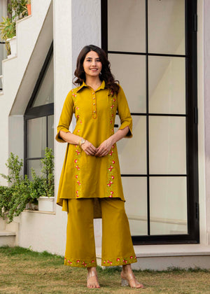 Mehar Goldenrod Embroidered Cotton Flex Co-ord Set for Women