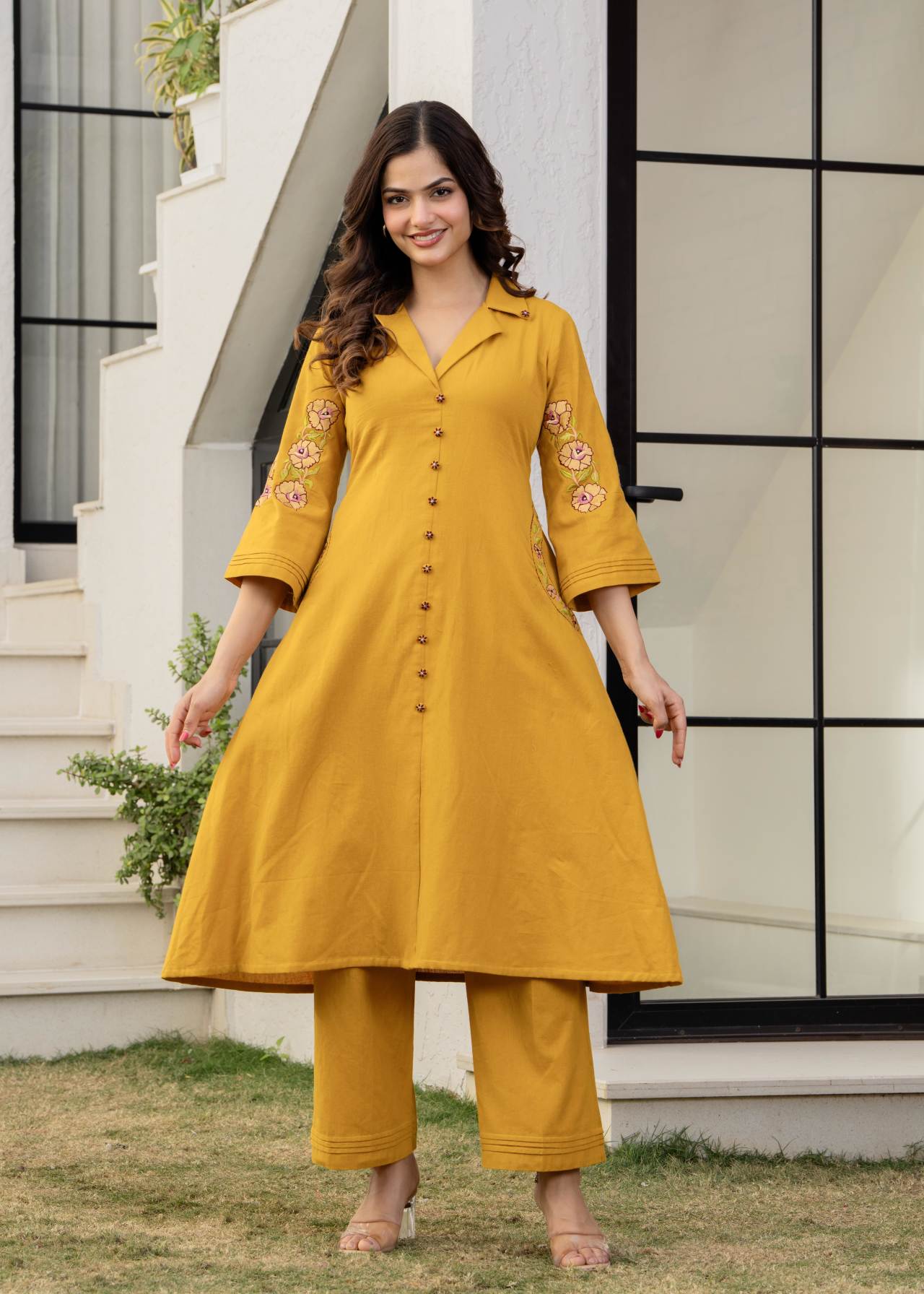 "Mustard Hand Embroidered Cotton Co-ord Set Online for Women"